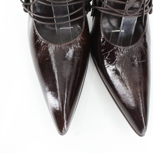 Gianni Barbato Patent Leather Lace Up Pointed Pumps Sculptural Heel Brown 7.5 - Picture 9 of 16